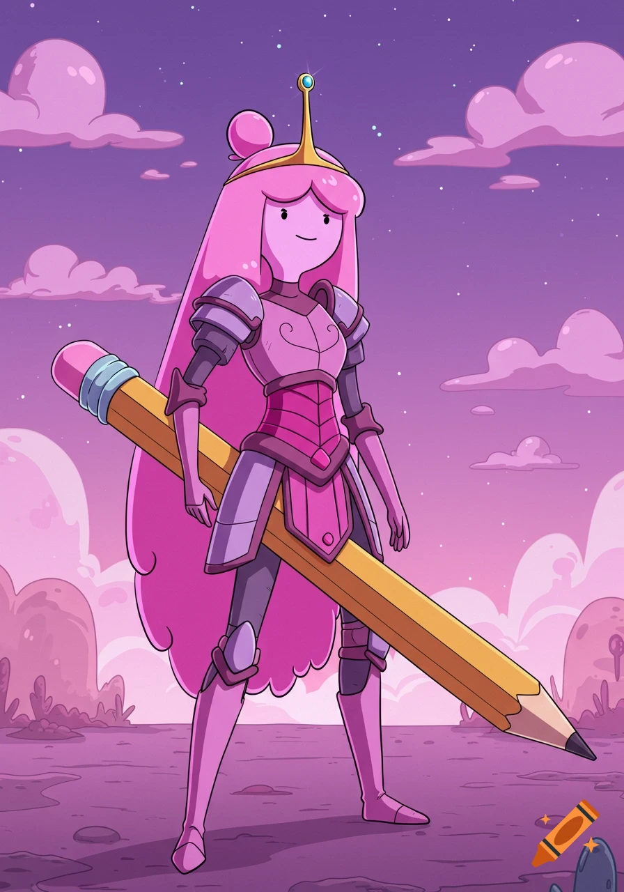 Princess Bubblegum as a warrior in pink armor, holding a giant pencil, stands in a pink-purple fantasy landscape in Adventure Time style.