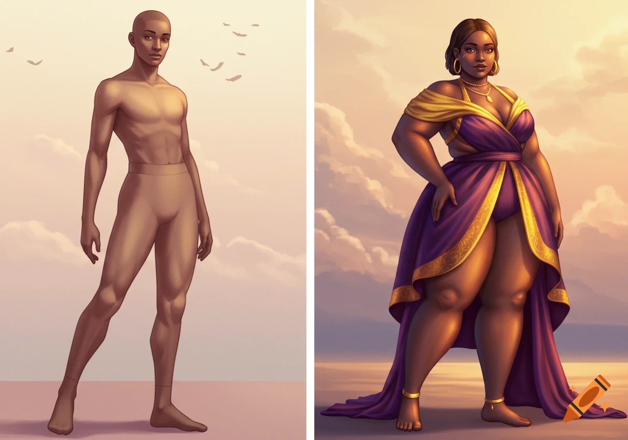 Stylized illustration of a slender person in a bodysuit next to a curvy woman in a flowing purple and gold dress against a sunset sky.