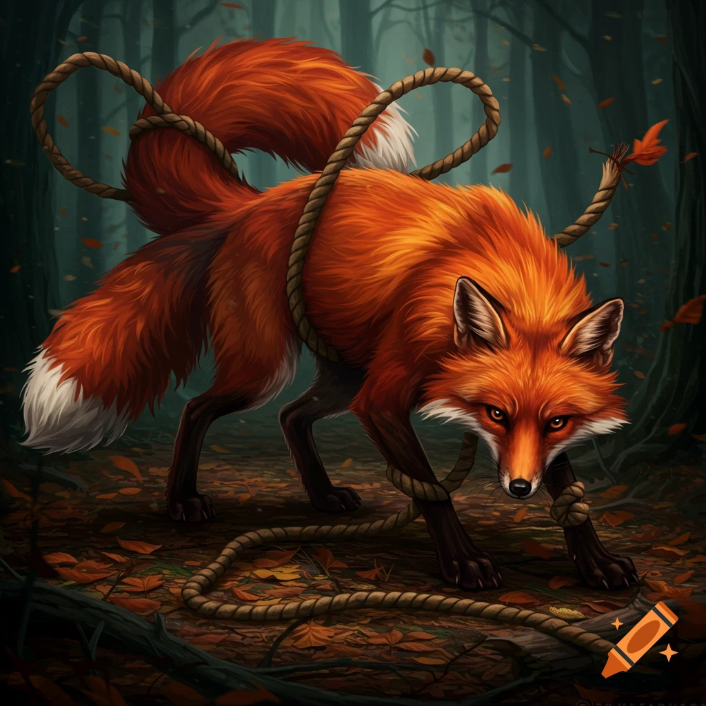 A stylized red fox with rope tied around its body and tails stands in a dark forest with autumn leaves. Illustration.