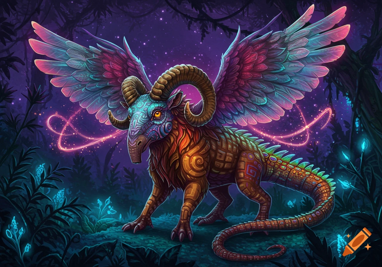 Vibrant alebrije creature with ram horns, tapir snout, feathered wings, and scaly body in a glowing magical forest, digital art.