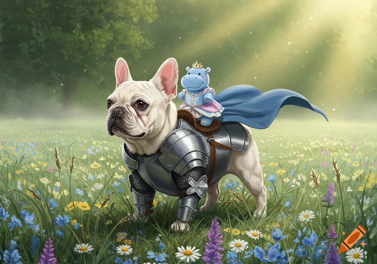 A white French bulldog in knight armor carries a blue hippo princess plushie on its back through a sunny wildflower field, digital painting.