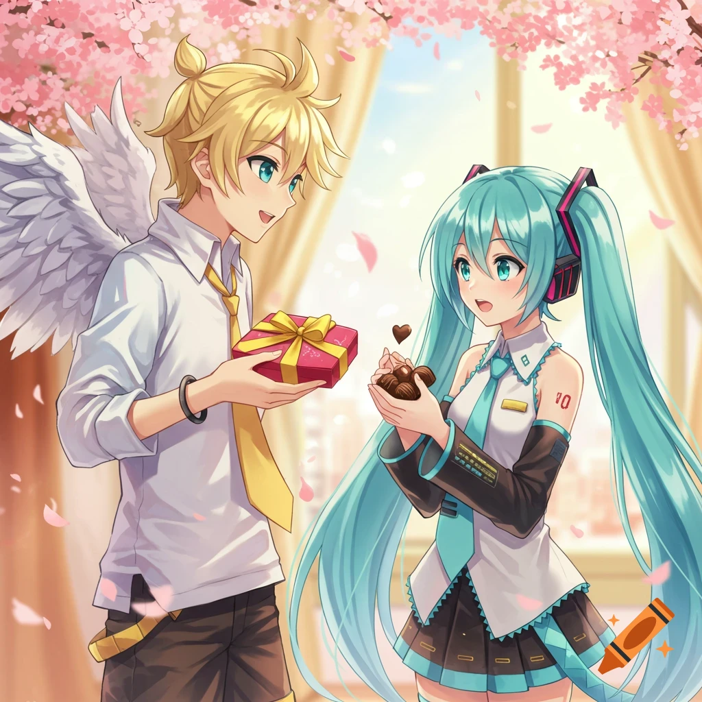 An anime boy with blonde hair and wings, Kagamine Len, gives a red gift box to Hatsune Miku, who holds chocolates, under falling cherry blossoms.