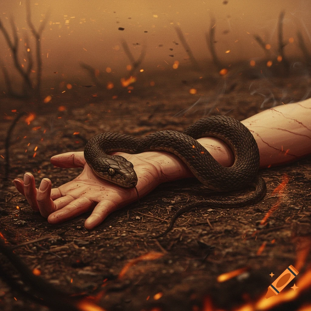 A photorealistic image of a black snake coiled around a pale human arm on dark, burning ground with embers.