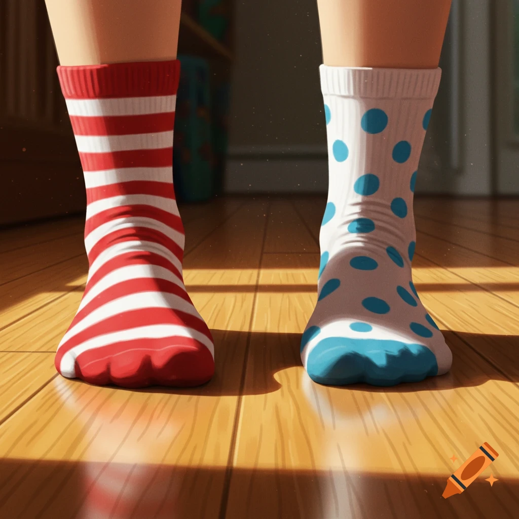 A person's feet wearing one red and white striped sock and one white and blue polka dot sock on a sunlit wooden floor.