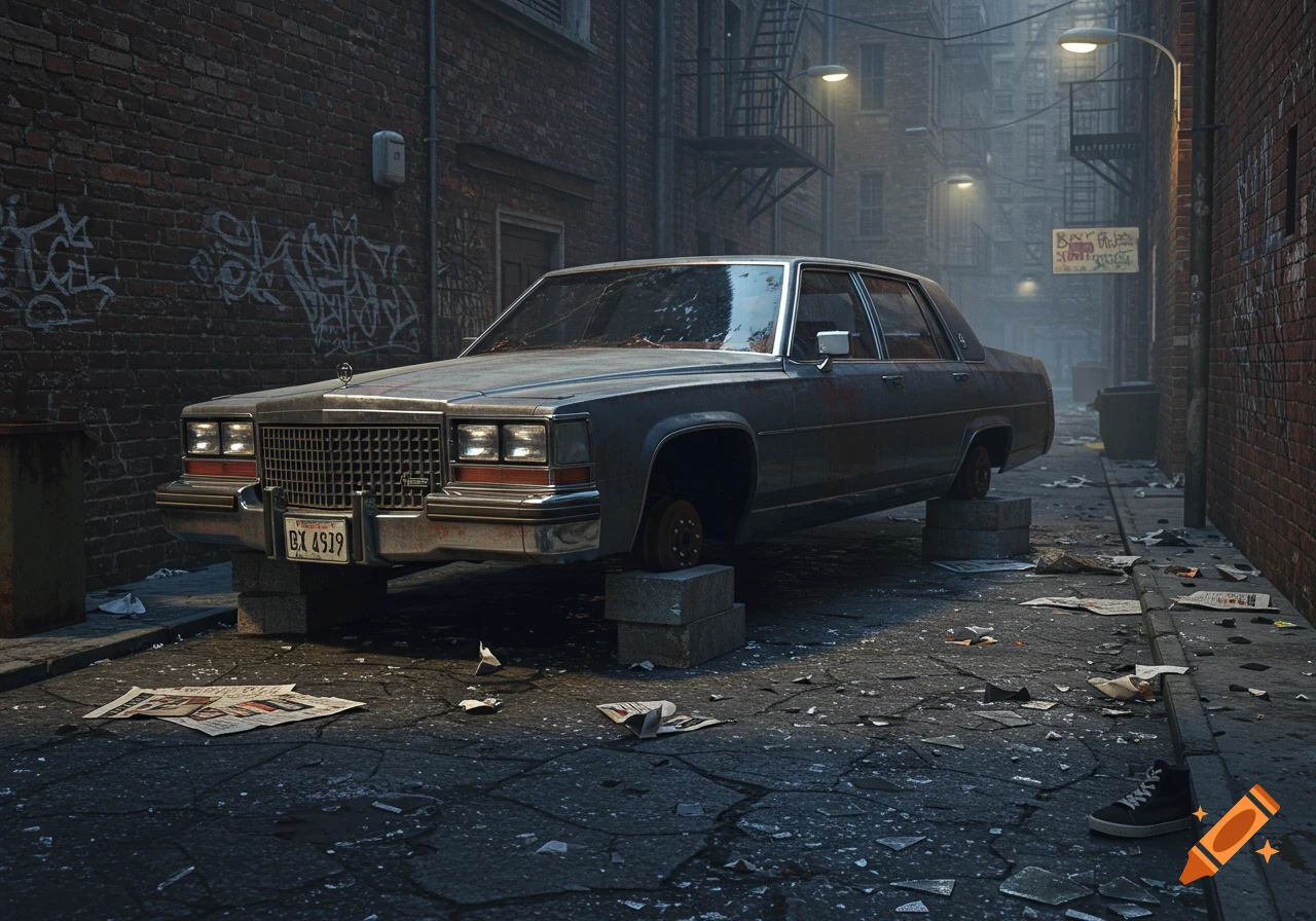 A photorealistic, gritty scene of a dilapidated 1984 Cadillac on cement blocks in a dark, dirty urban alley.