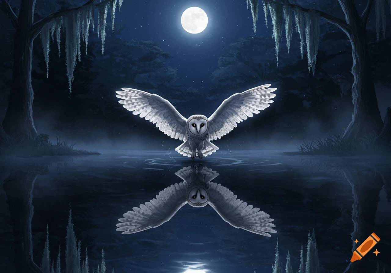 A white barn owl with outstretched wings hovers over dark water at night, reflected below a full moon and moss-draped trees.