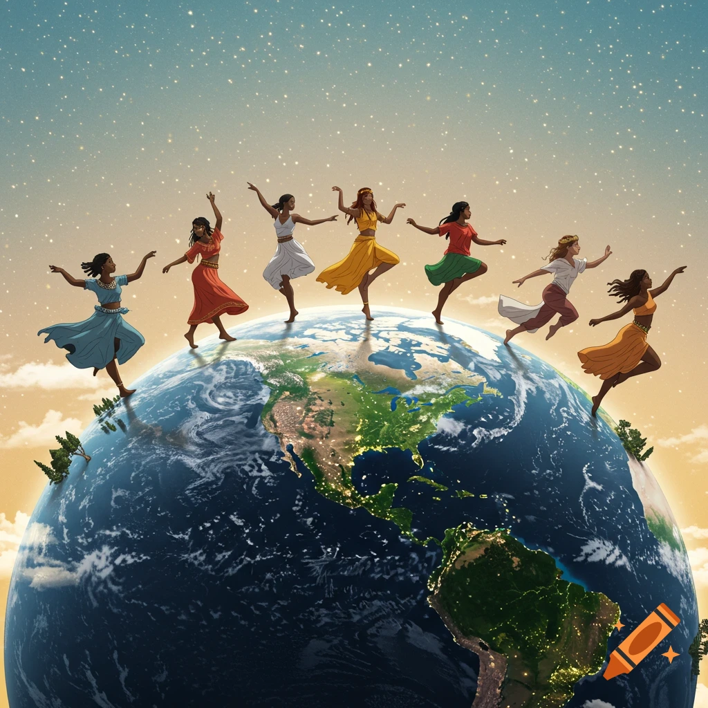 Seven diverse women in colorful dresses dancing gracefully on a vibrant Earth against a starry sky, illustrative style.