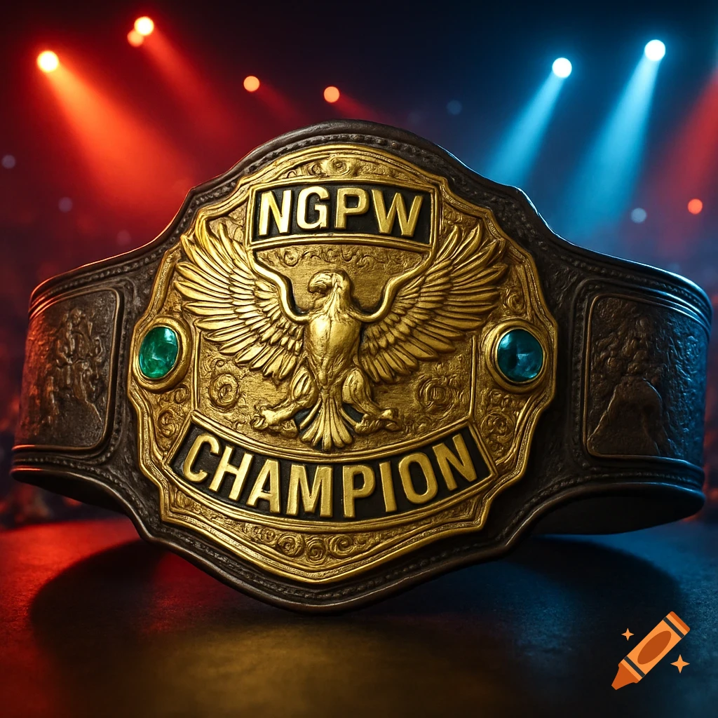 A detailed, gold and black wrestling championship belt with 'NGPW' and 'CHAMPION' inscribed, featuring an eagle emblem and green jewels, under red and blue stage lights.