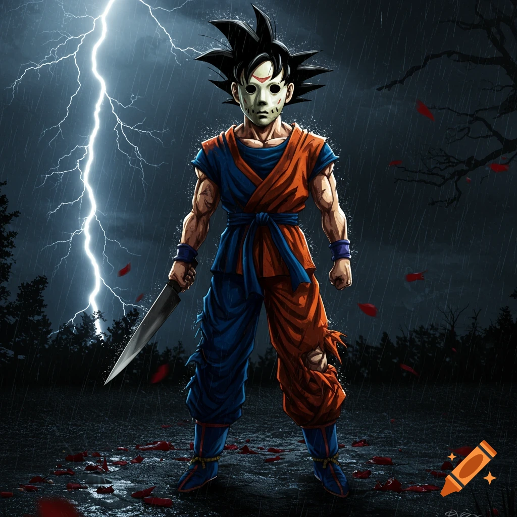 Goku wearing a Michael Myers mask holds a knife in a stormy, rainy forest with lightning and red petals on the ground.