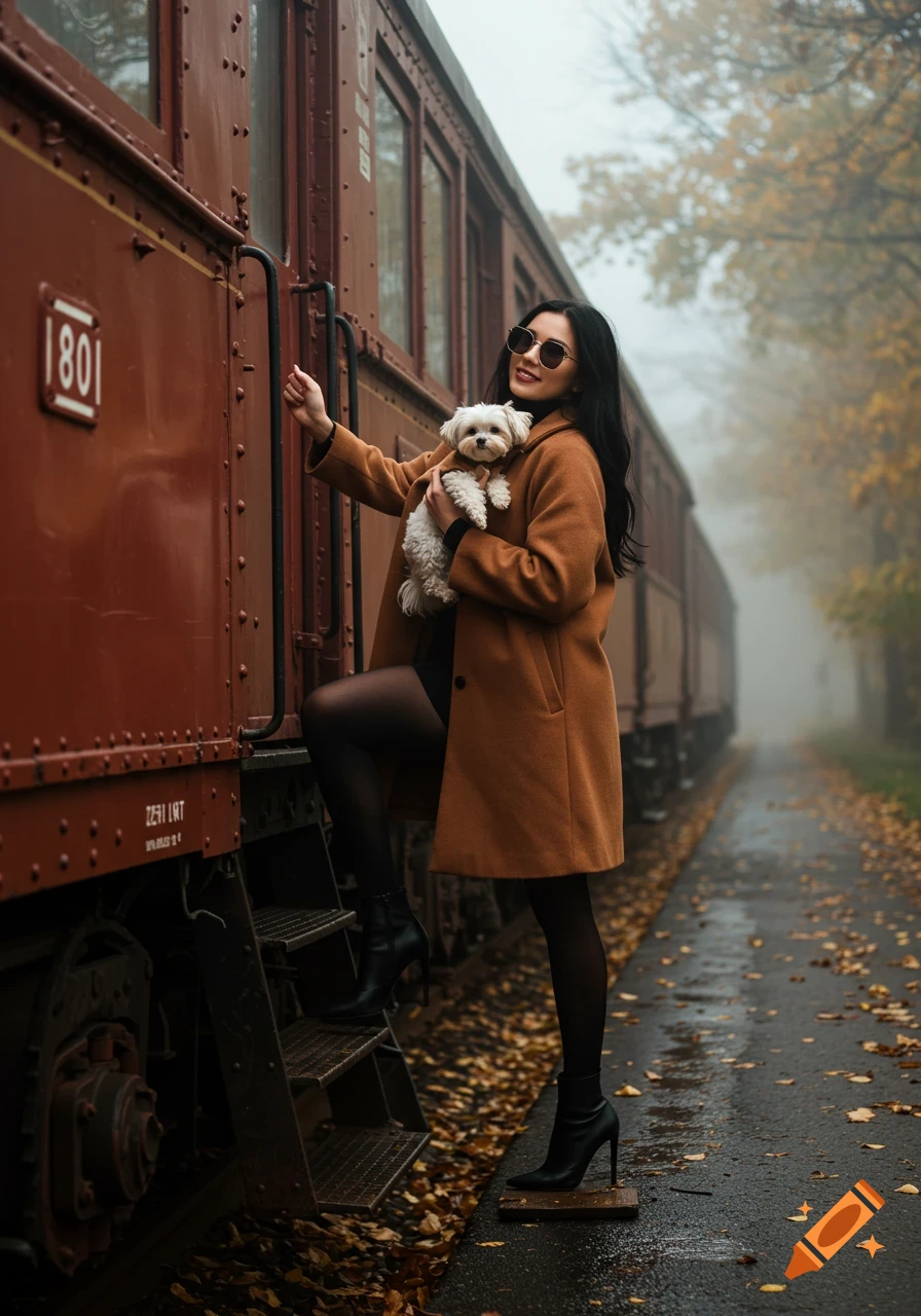 A stylish woman in a brown coat holds a white dog while stepping onto an old red train on a misty autumn day.