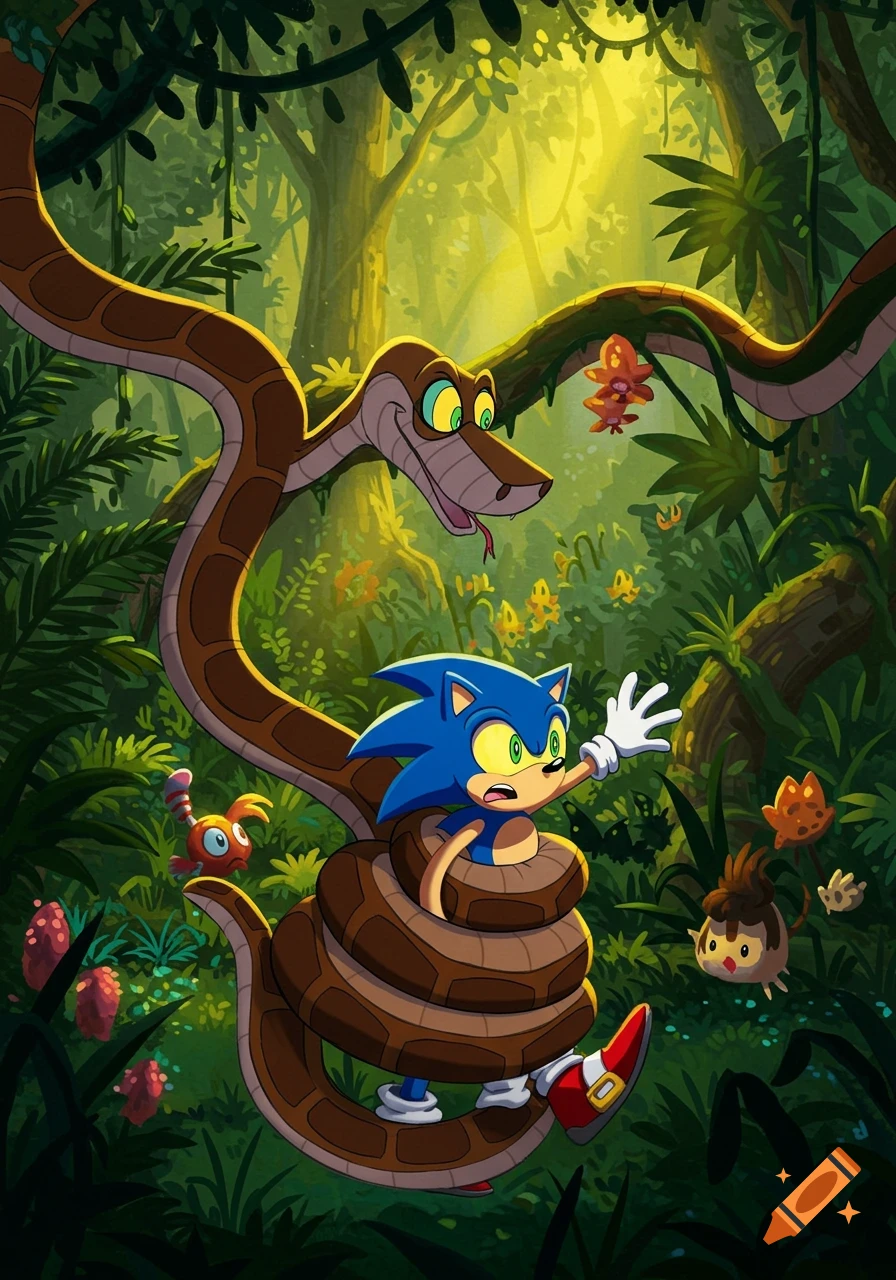 A cartoon python coils around Sonic the Hedgehog in a lush jungle.