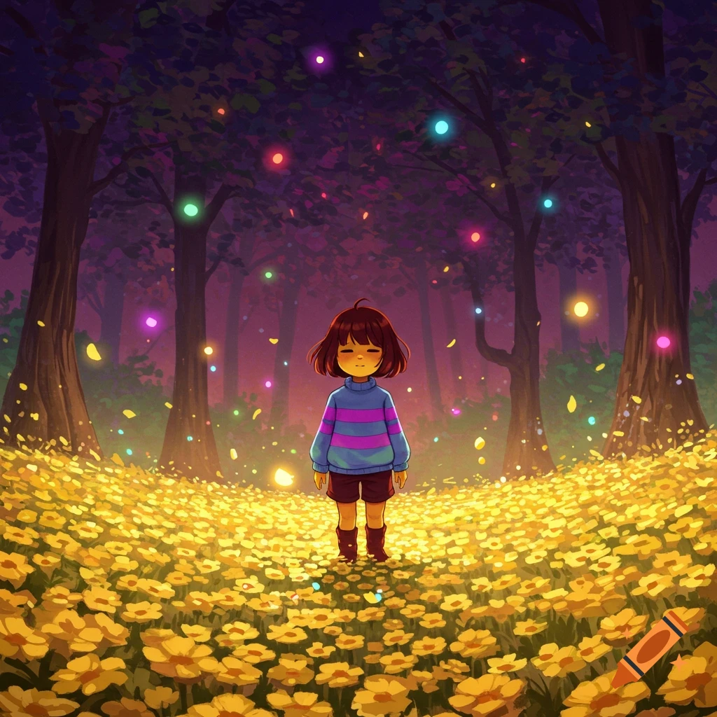 A small cartoon character, Frisk from Undertale, stands in a vibrant forest filled with yellow flowers and glowing lights.