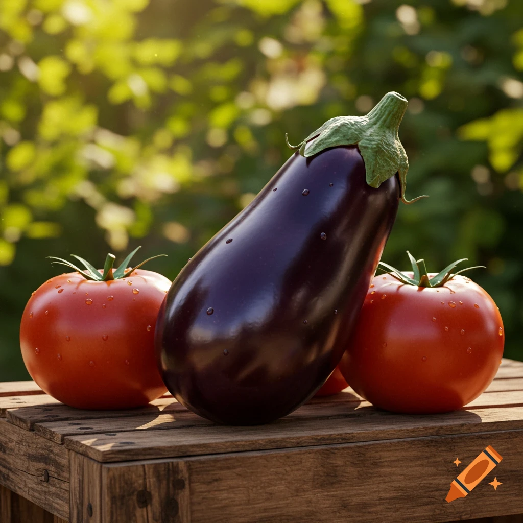 A large purple eggplant and two red tomatoes with water droplets on a wooden crate outdoors in sunlight.