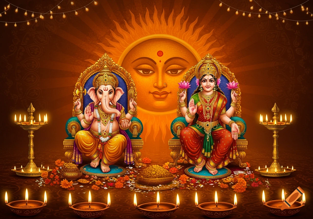 Lord Ganesha and Devi Lakshmi on thrones, surrounded by lit diyas, flowers, offerings, and a sun motif, celebrating Diwali.