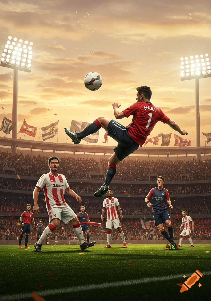 A dynamic, photorealistic image of soccer players in action on a stadium field at sunset, with a player in red kicking a ball mid-air.