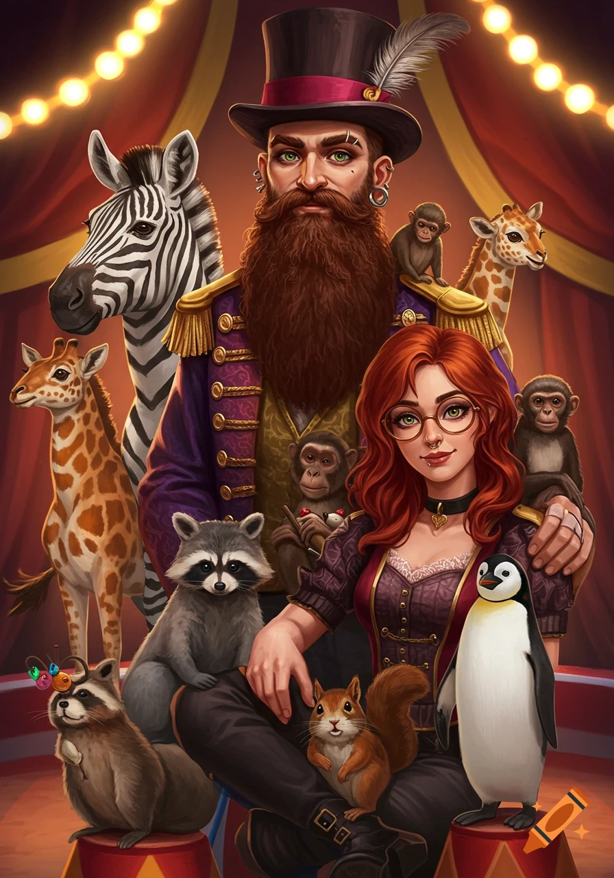 A stylized portrait of two circus ringleaders, a bearded man in a top hat and a red-haired woman with glasses, surrounded by various animals.