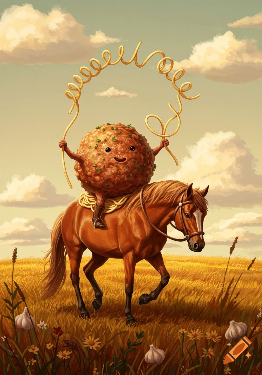 A whimsical illustration of a smiling meatball with arms and legs, wearing boots and riding a brown horse through a golden field, twirling a spaghetti lasso above its head.