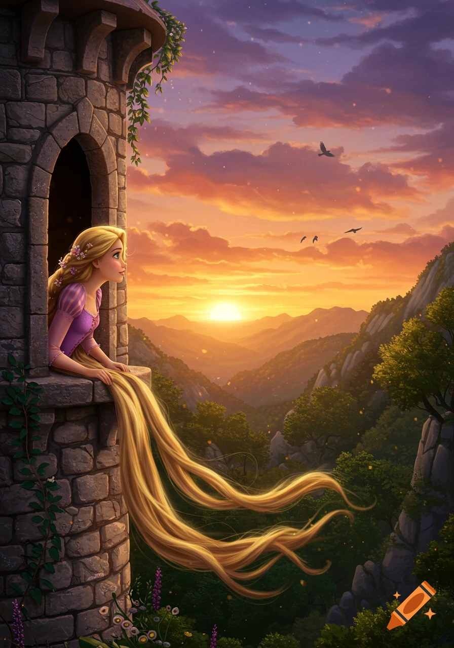 A digital painting of Rapunzel with long blonde hair looking out of a stone tower window at a sunset over a mountain valley.