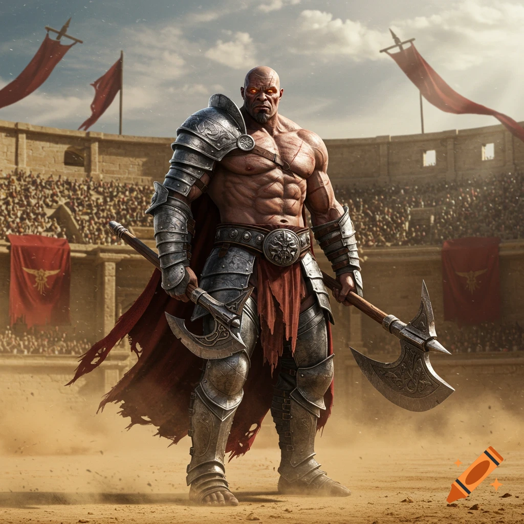 A muscular gladiator with glowing eyes holds two axes in a dusty arena filled with spectators under a cloudy sky.