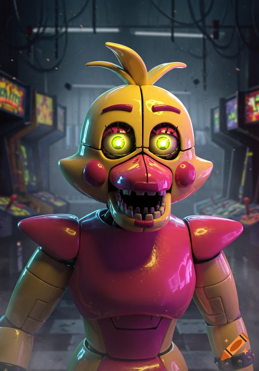 A detailed, brightly colored animatronic chicken with glowing eyes and an open, toothy mouth stands in a dark arcade.
