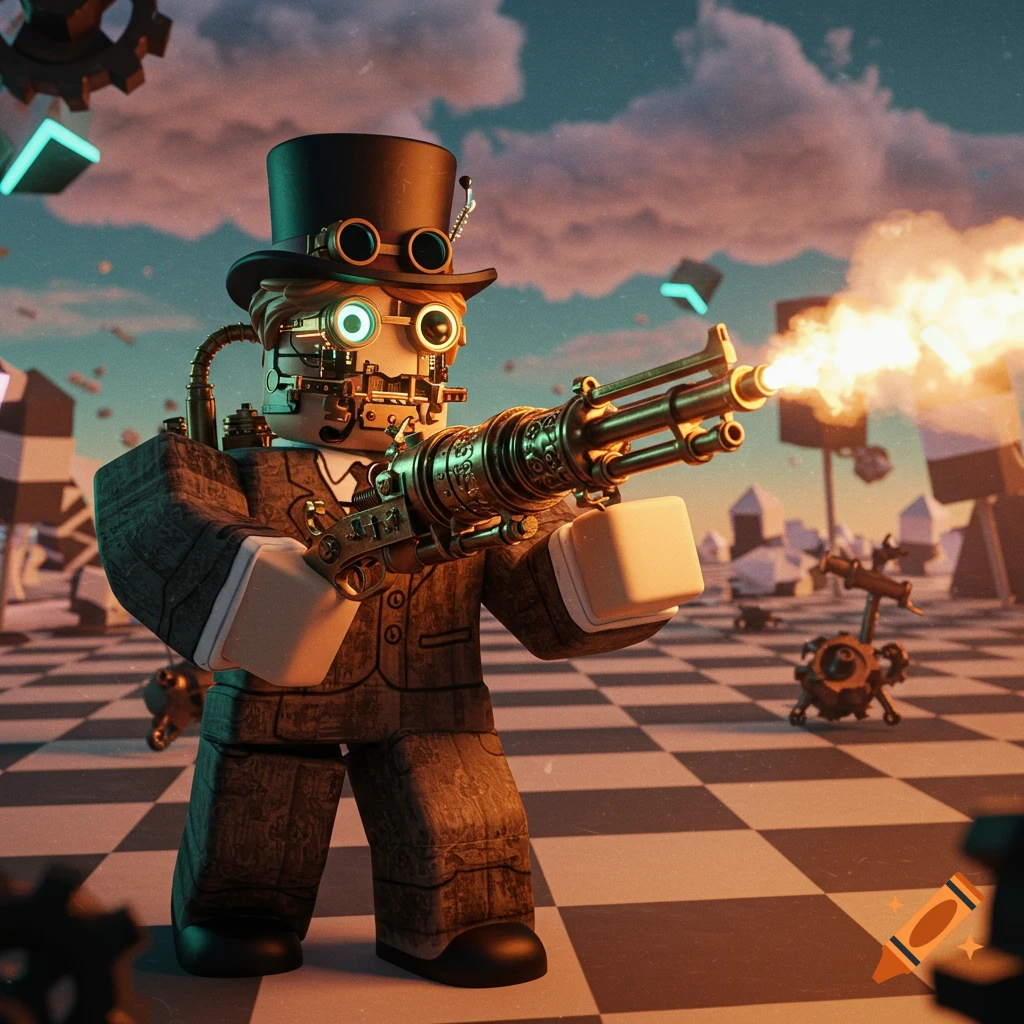 A steampunk-styled Roblox-like character in a top hat and goggles fires an ornate gatling gun on a chessboard-patterned ground.