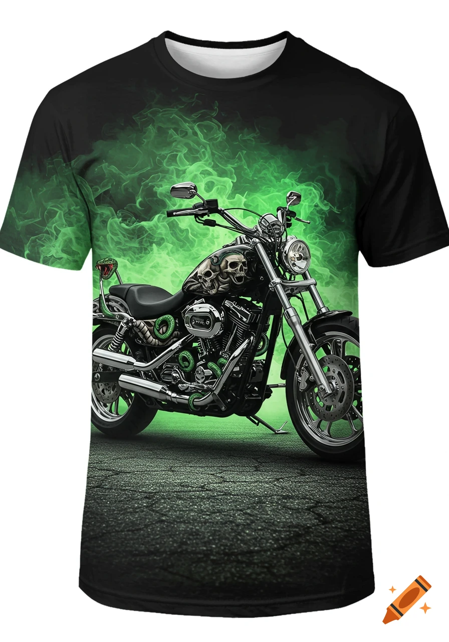 Black t-shirt with a detailed graphic of a custom motorcycle featuring skulls, green snakes, and chrome accents, set against a green smoky background.