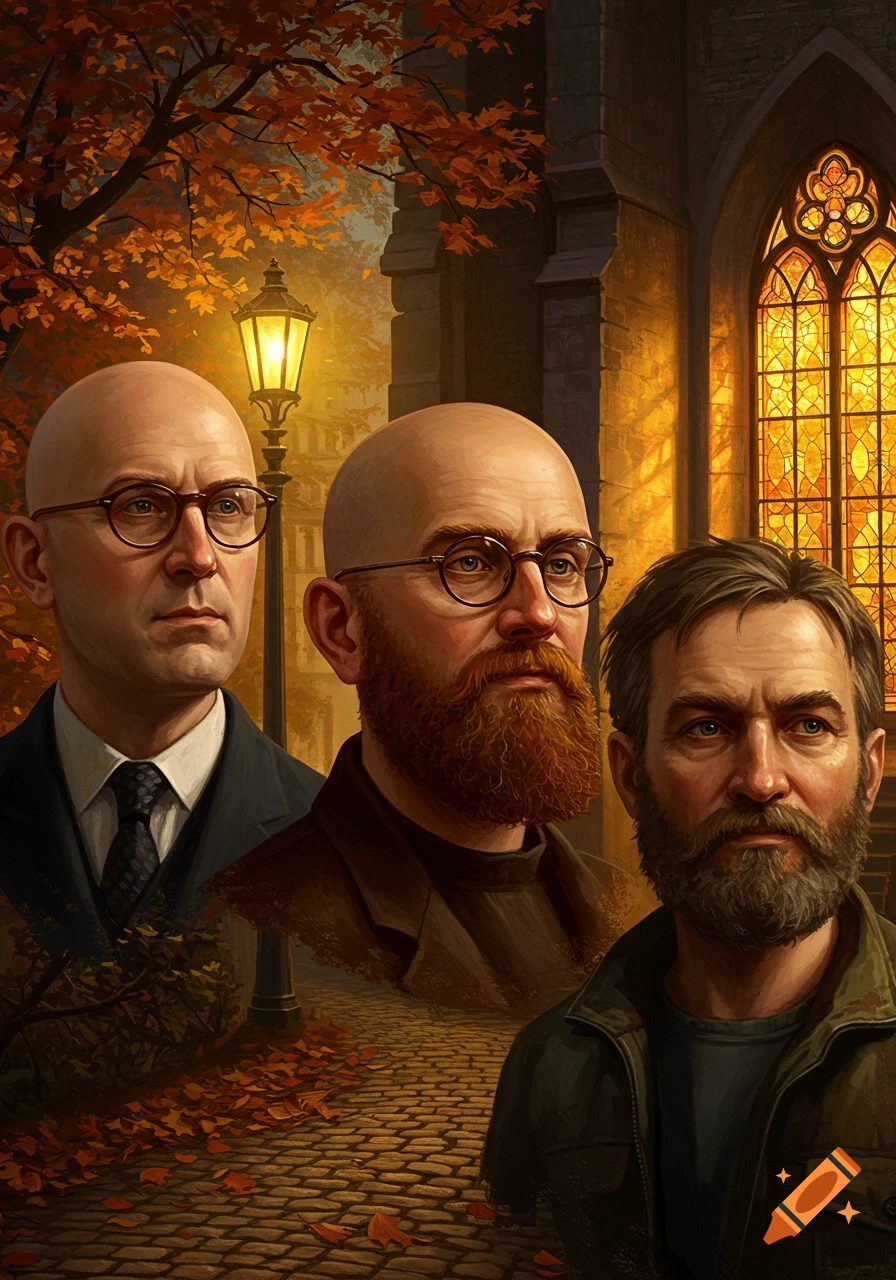 Three men, two bald with glasses and one with a beard, stand in an autumn setting with a lamppost and a church window.