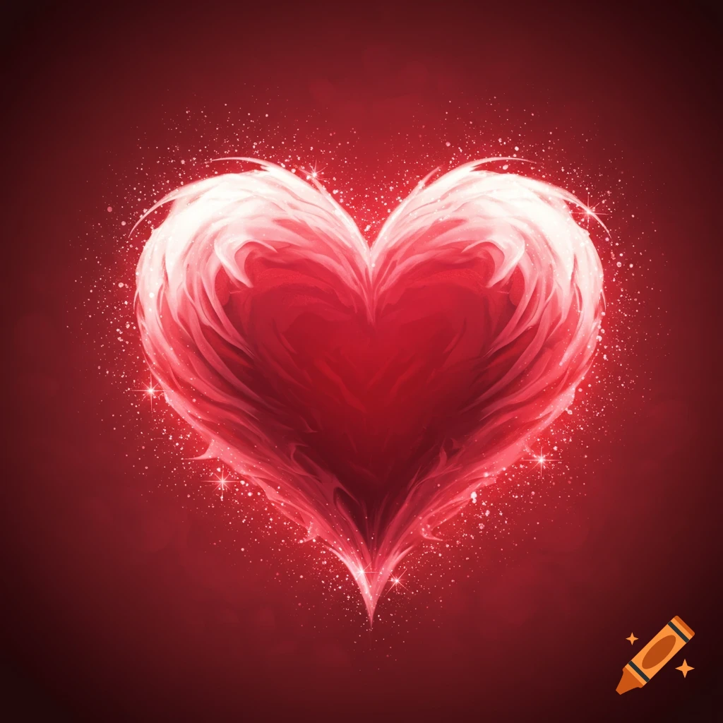 A glowing, stylized red and white heart with feathery textures and sparkles, set against a dark red background.