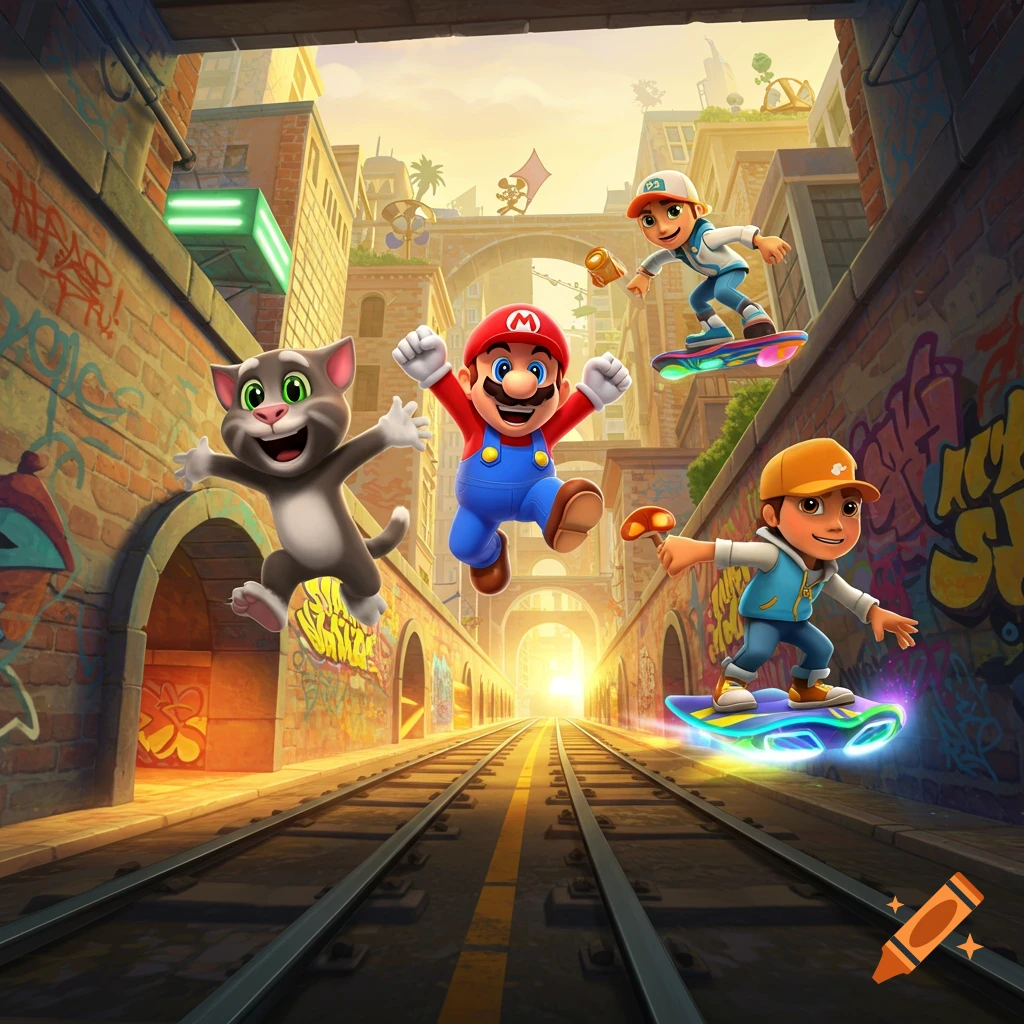 Talking Tom, Mario, and Subway Surfer characters jump and hoverboard down subway tracks in a vibrant, cartoon city with graffiti.