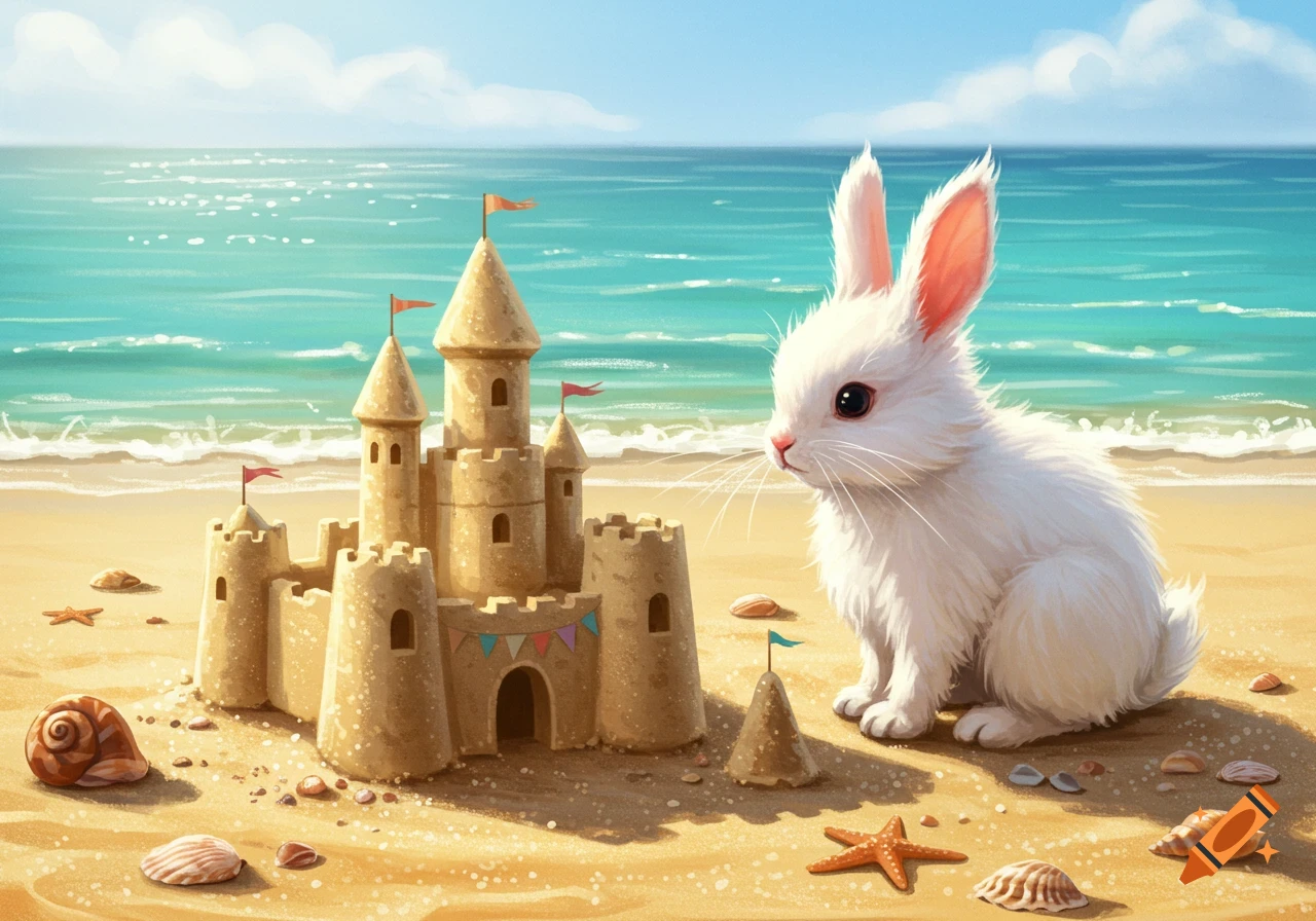 A fluffy white rabbit sits next to an elaborate sandcastle on a sunny beach with the ocean in the background.