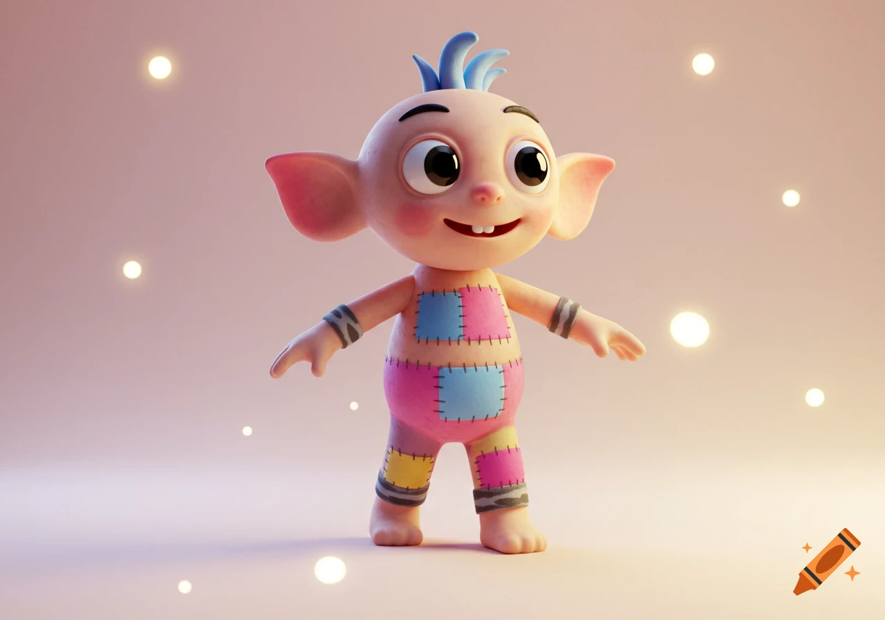 A cute, stylized 3D character with large ears, spiky blue hair, and a patched body in pink, blue, and yellow, on a light pink surface with glowing bokeh.