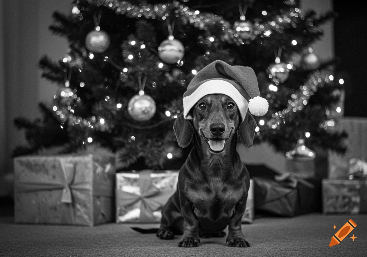 A smiling Dachshund dog wearing a Santa hat sits in front of a black and white Christmas tree with presents.