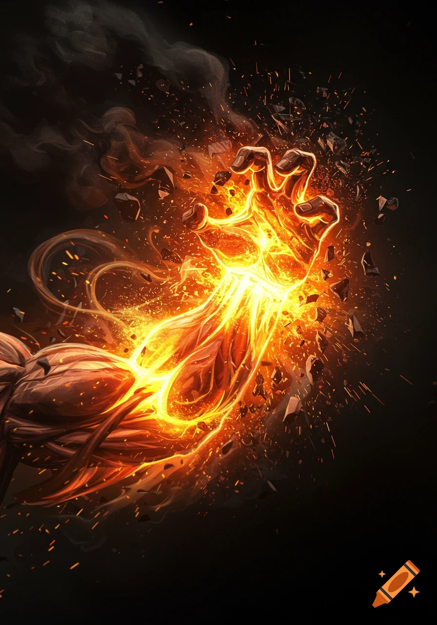 A muscular arm glows intensely with fire, shattering into fiery debris and sparks against a dark, smoky background.