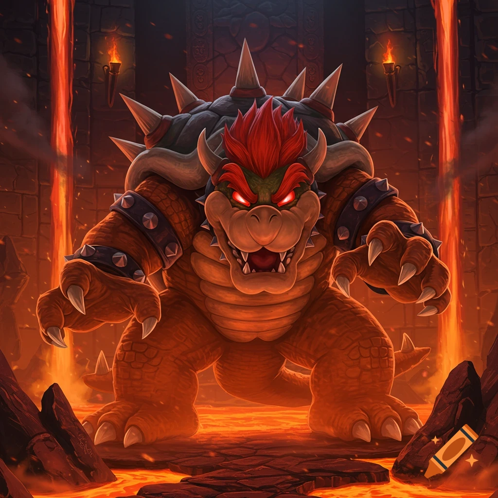 Giant Bowser, a red-eyed, spiky turtle-like creature, stands defiantly in a fiery lava dungeon with glowing torches.