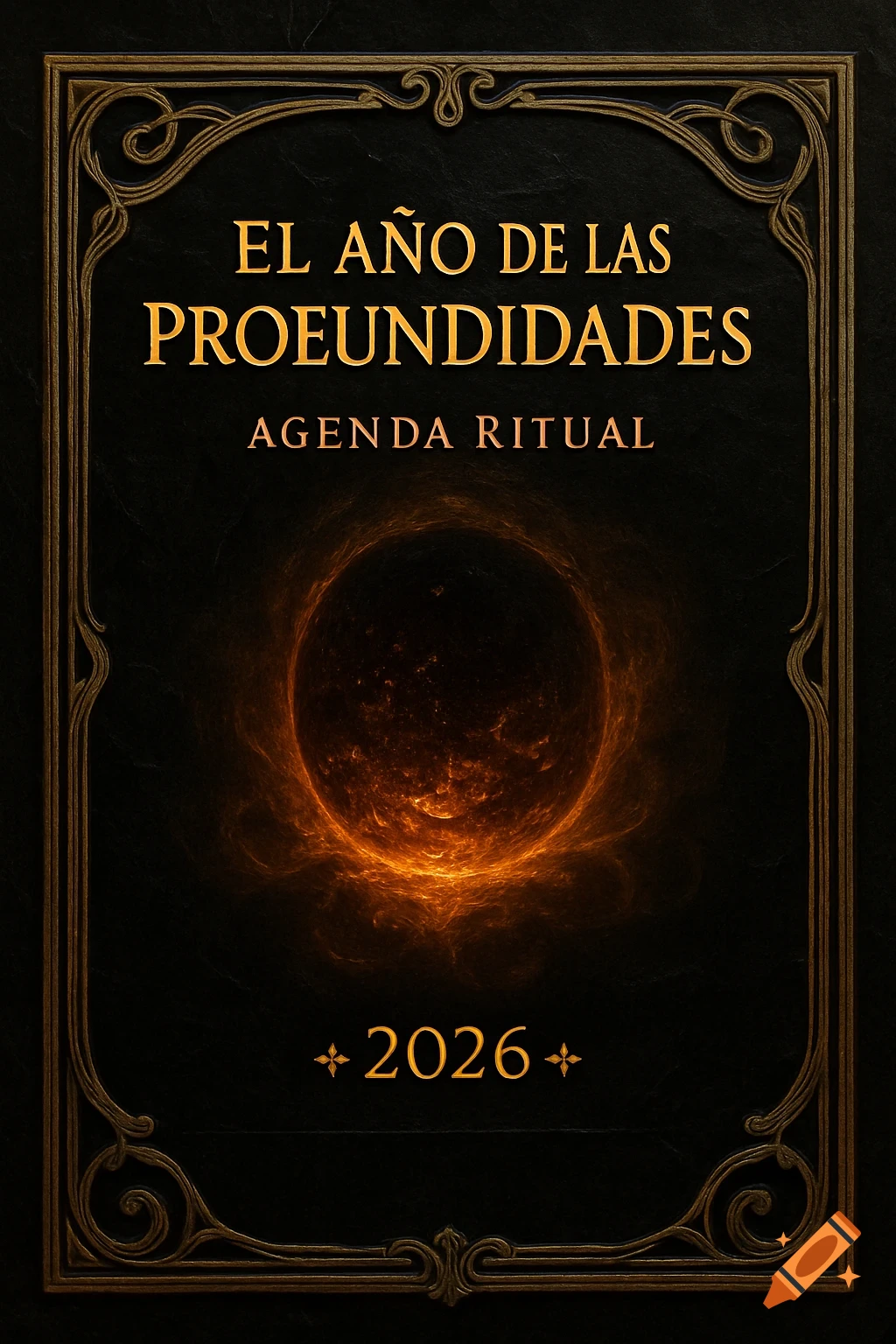 Dark, ornate Art Nouveau book cover with gold borders, a central glowing orange-red organic portal, and text 'EL AÑO DE LAS PROFUNDIDADES', 'AGENDA RITUAL', '2026'.