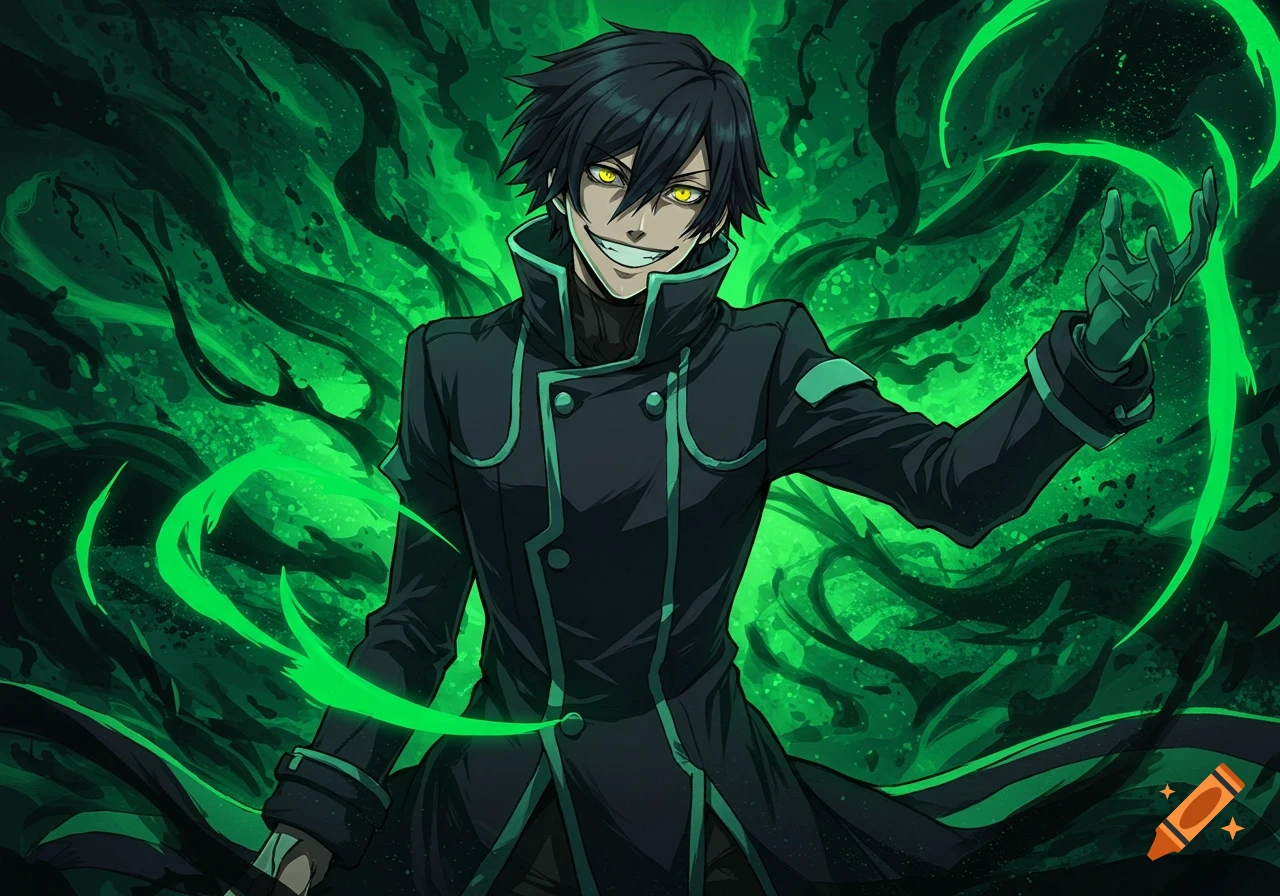 Anime man with black hair, yellow eyes, and a sinister smile, wearing a dark coat, surrounded by swirling green energy.