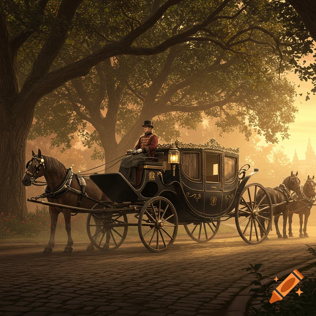 A photorealistic image of a coachman in livery driving a grand, horse-drawn carriage through a tree-lined park at sunset.