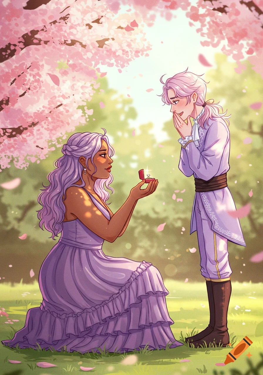 A woman with lavender hair proposes to a man with pink hair under cherry blossoms in a vibrant digital illustration.
