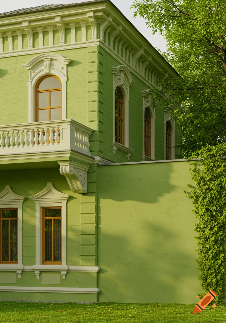 A detailed view of a light green house facade with white architectural details, arched windows, a balcony, and lush green foliage.