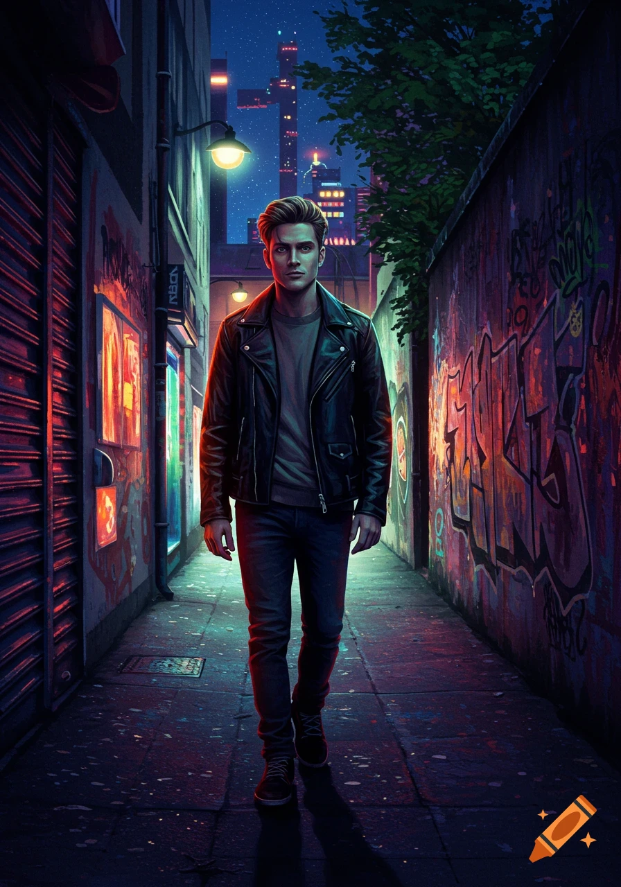 A man in a leather jacket walks down a neon-lit, graffiti-covered urban alley at night, with a distant cyberpunk cityscape.
