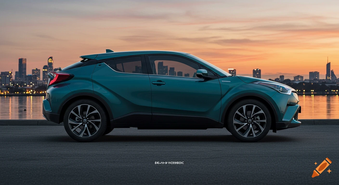 A teal Toyota C-HR Plug-in Hybrid car parked on a road with a city skyline and water reflections at sunset.