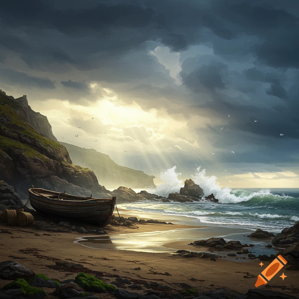 A dramatic stormy seascape with sun rays illuminating a sandy beach, a wooden boat, rocky cliffs, and crashing waves under dark clouds.