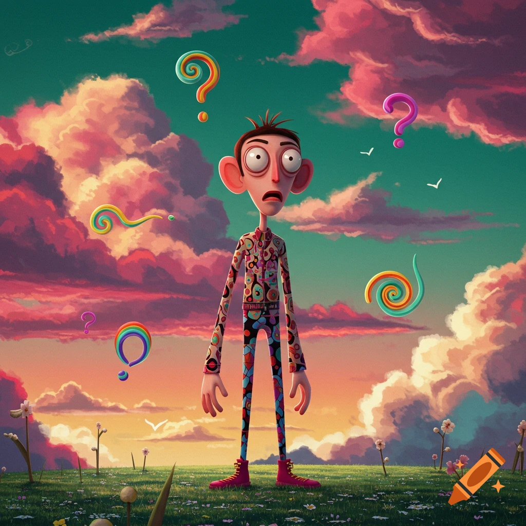 A wide-eyed, cartoonish character with big ears and a colorful patterned outfit stands in a field under a vibrant sky with floating question marks and swirls.