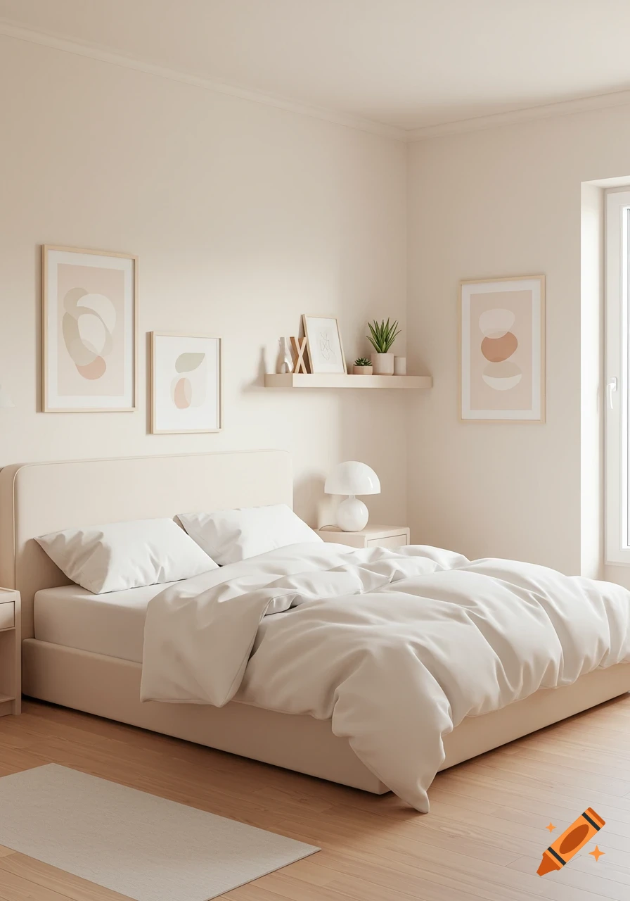 A bright, minimalist bedroom featuring a beige bed with white bedding, abstract framed art, and a white spherical lamp on a nightstand.