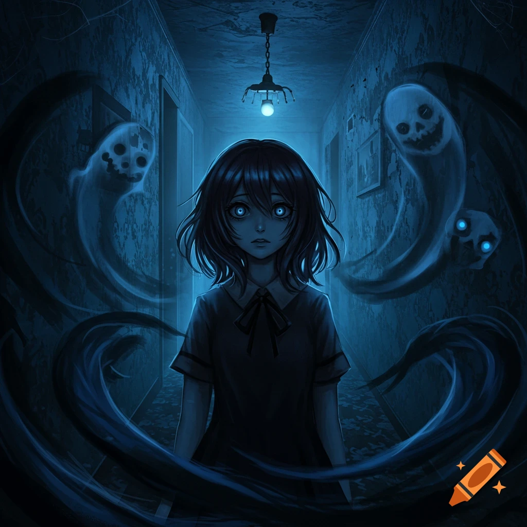 Dark anime illustration of a scared girl with glowing blue eyes in a shadowy hallway, surrounded by wispy blue ghosts.