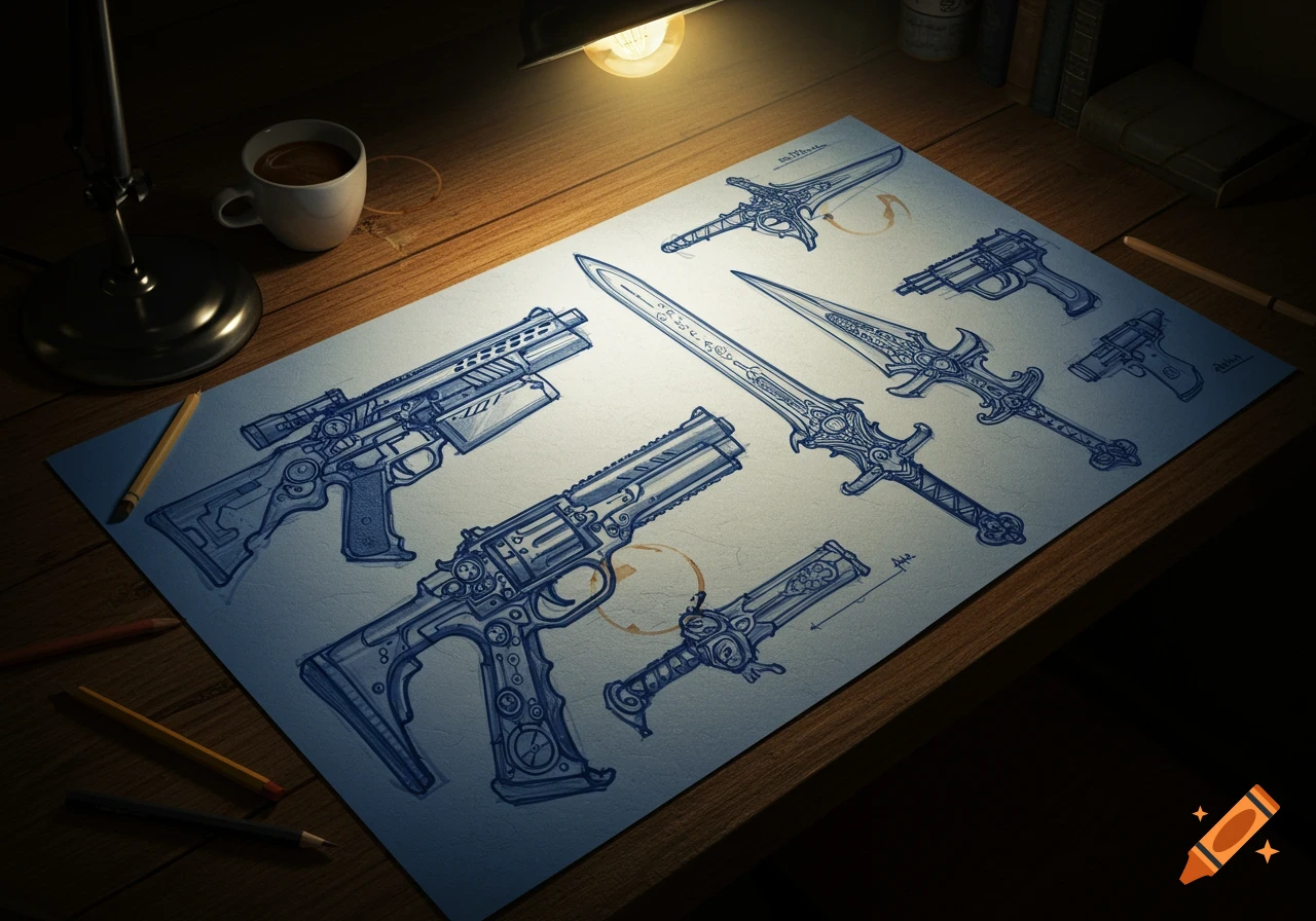 Detailed blue ink sketches of various guns and fantasy swords laid out on a wooden desk under a lamp, with pencils and a coffee cup.