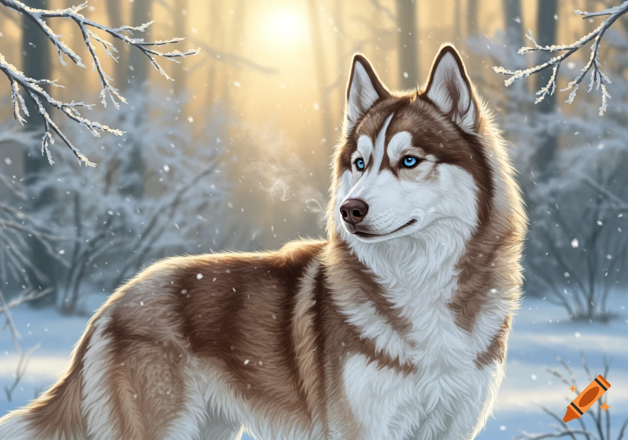 A brown and white husky with striking blue eyes stands in a snowy forest with a golden sunset in the background.