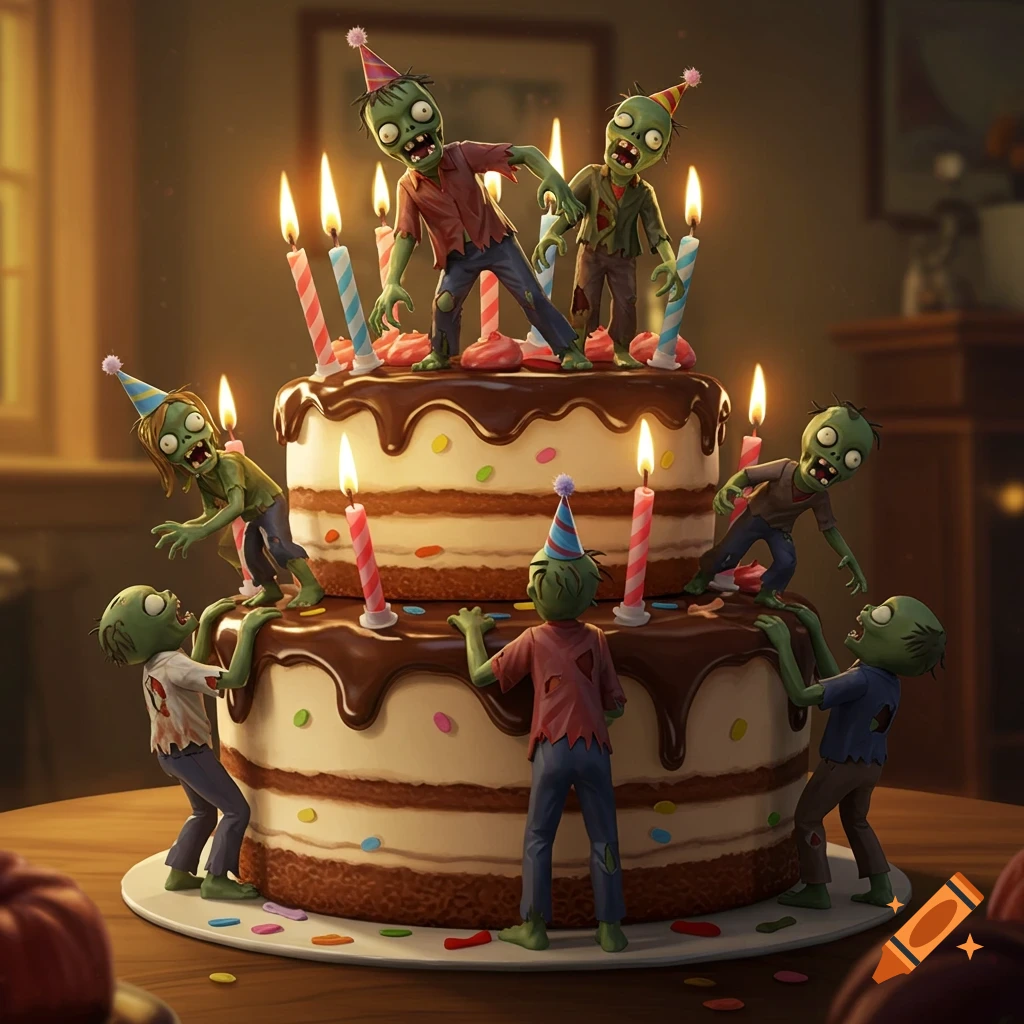A two-tiered birthday cake with chocolate icing, lit candles, and cartoon green zombies in party hats climbing around it.