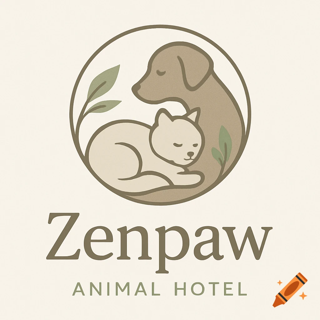 A logo for Zenpaw Animal Hotel featuring a dog and cat cuddling inside a circle with green leaves.