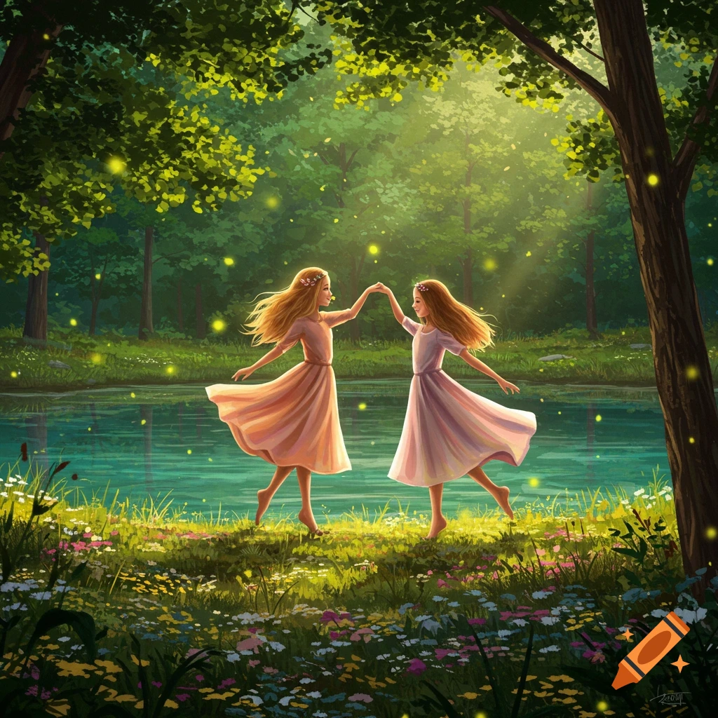 Two girls in long dresses dance hand-in-hand by a shimmering lake in a magical forest with fireflies, illustrated.
